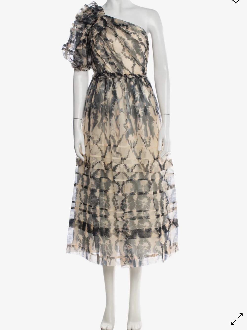 Ulla Johnson One-Shoulder Beige and Black Printed Midi Dress